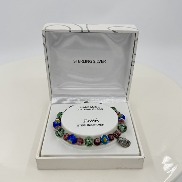 Jewelry - Faith Sterling Silver Artisan Glass Beaded Bracelet Hand Made With Box